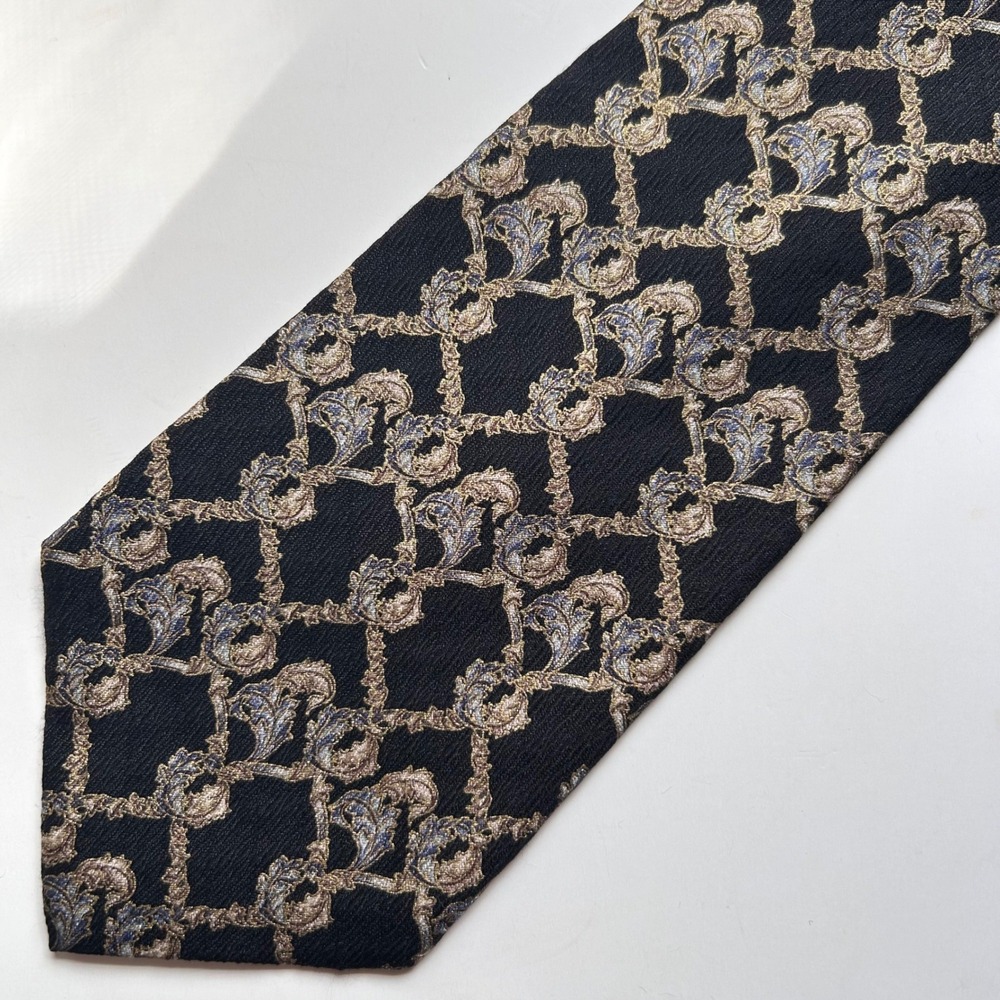 Vintage Claiborne Silk Tie Black Gold Blue Baroque Acanthus Leaf Ornate USA Made
